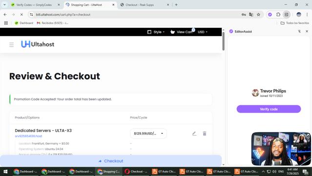 UltaHost checkout page showing UltaHost promo code box | Screenshot taken by SimplyCodes community member on Jul 29, 2025
