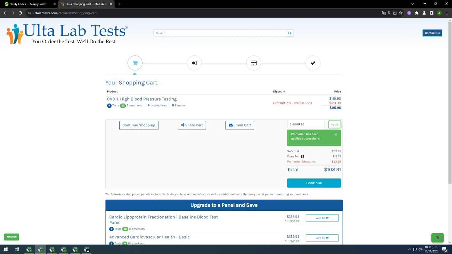 Ulta Lab Tests promo code screenshot showing code CVDHBP20 applied at Ulta Lab Tests checkout page. Uploaded by SimplyCodes community member RANK1VERIFIED on Nov 17, 2025
