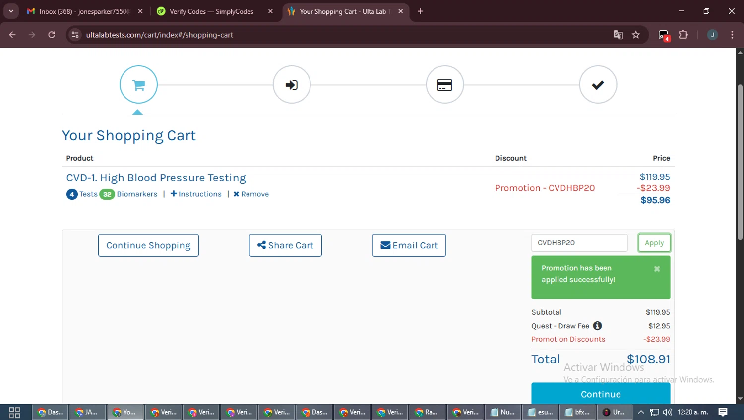Ulta Lab Tests promo code screenshot showing code CVDHBP20 applied at Ulta Lab Tests checkout page. Uploaded by SimplyCodes community member ScanLynx8928 on Sep 18, 2025