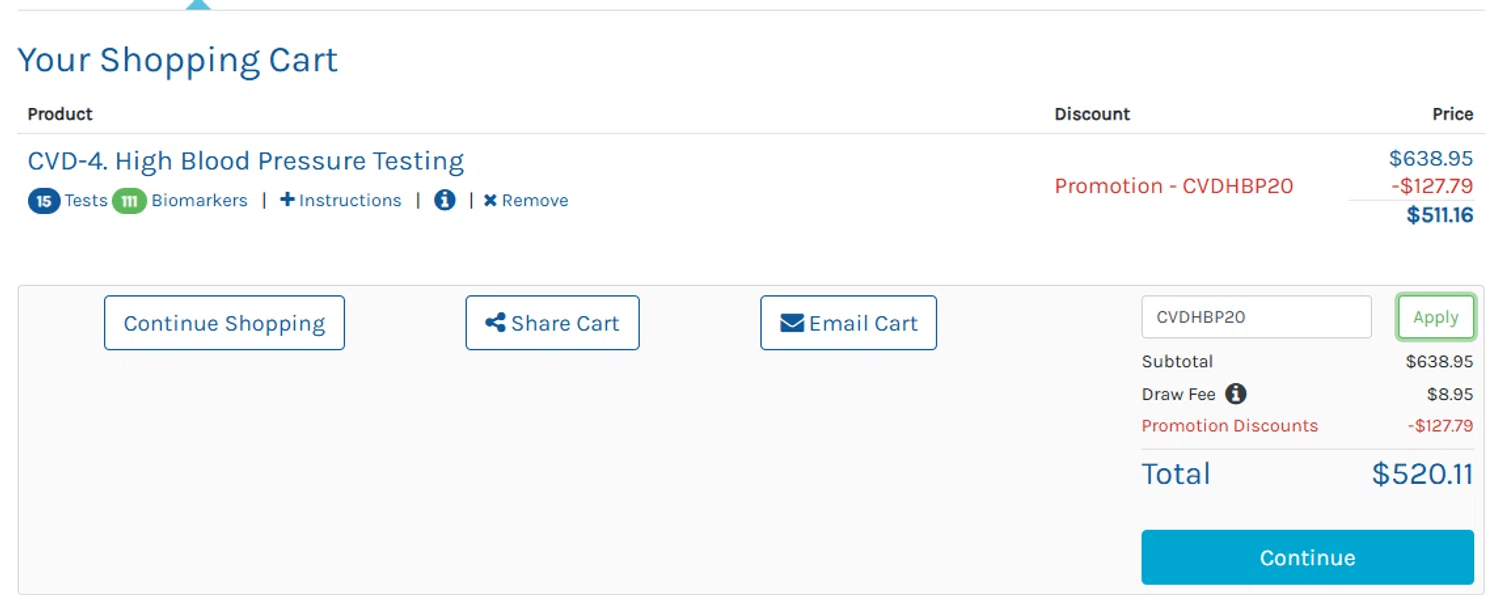 Ulta Lab Tests promo code screenshot showing code CVDHBP20 applied at Ulta Lab Tests checkout page. Uploaded by SimplyCodes community member MagnificentCollector7829 on Jan 12, 2025