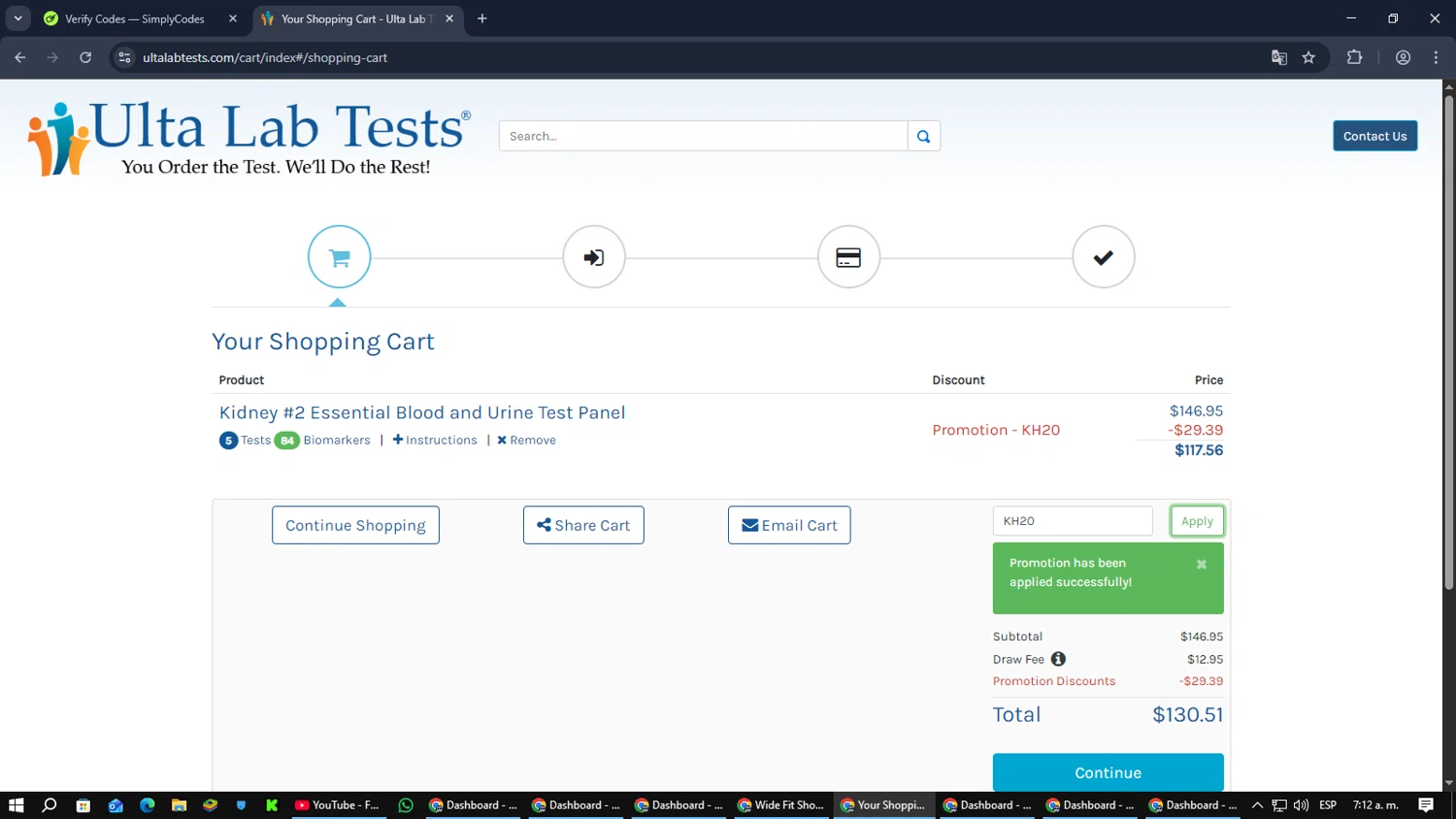 Ulta Lab Tests checkout page showing Ulta Lab Tests promo code box | Screenshot taken by SimplyCodes community member on Dec 24, 2025