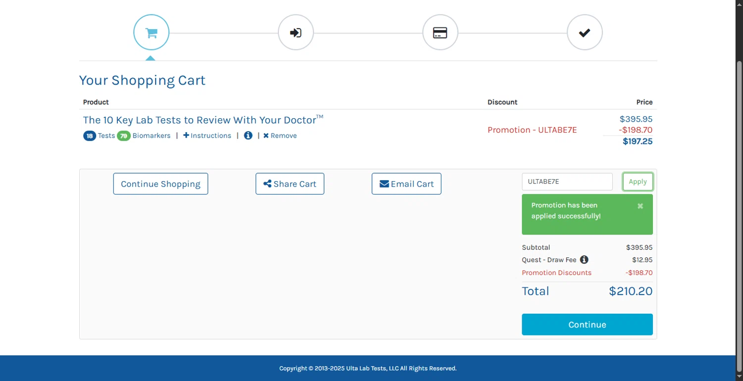 Ulta Lab Tests promo code screenshot showing code ULTABE7E applied at Ulta Lab Tests checkout page. Uploaded by SimplyCodes community member BargainMonarch8220 on Jul 21, 2025