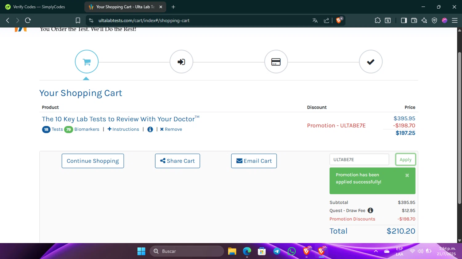 Ulta Lab Tests promo code screenshot showing code ULTABE7E applied at Ulta Lab Tests checkout page. Uploaded by SimplyCodes community member Guacamole_Picante on Jul 21, 2025