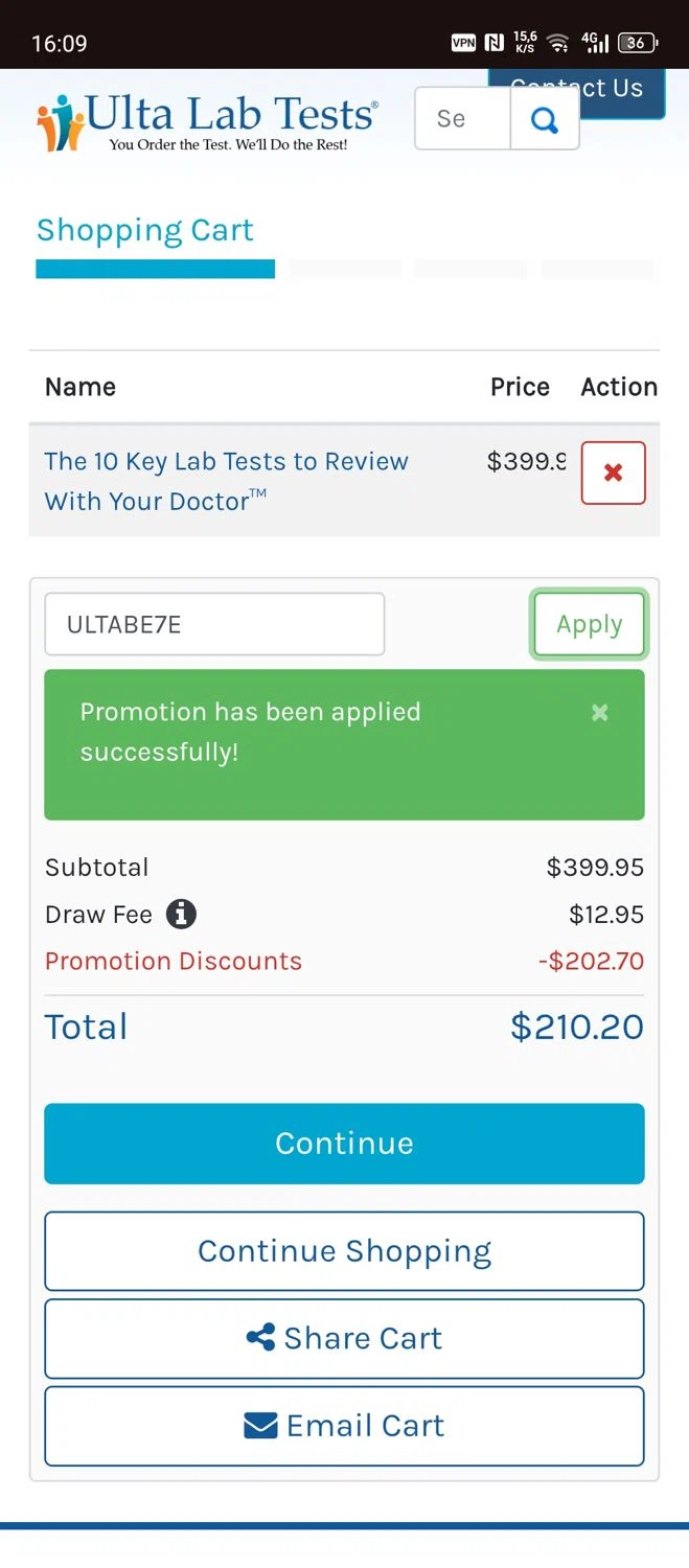 Ulta Lab Tests promo code screenshot showing code ULTABE7E applied at Ulta Lab Tests checkout page. Uploaded by SimplyCodes community member Papiee on Nov 18, 2025