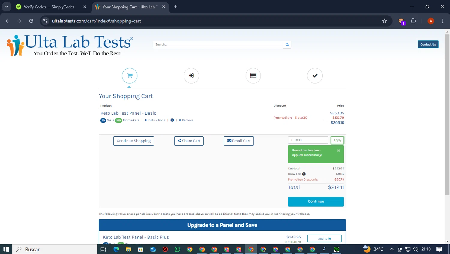 Ulta Lab Tests promo code screenshot showing code KETO30 applied at Ulta Lab Tests checkout page. Uploaded by SimplyCodes community member AlvaroCG on Jan 21, 2025