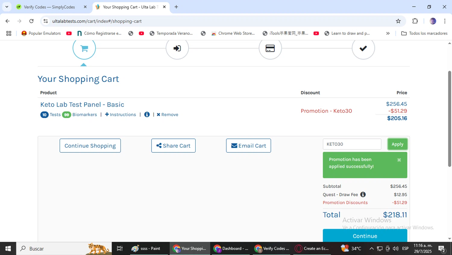 Ulta Lab Tests promo code screenshot showing code KETO30 applied at Ulta Lab Tests checkout page. Uploaded by SimplyCodes community member DealLynx6506 on Jul 29, 2025