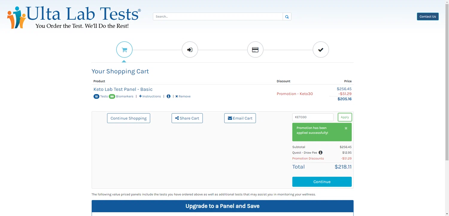 Ulta Lab Tests promo code screenshot showing code KETO30 applied at Ulta Lab Tests checkout page. Uploaded by SimplyCodes community member SilverPioneer1110 on Sep 18, 2025