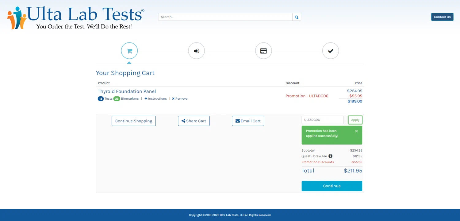 Ulta Lab Tests promo code screenshot showing code ULTADCD6 applied at Ulta Lab Tests checkout page. Uploaded by SimplyCodes community member CodeGuardian5312 on Sep 4, 2025