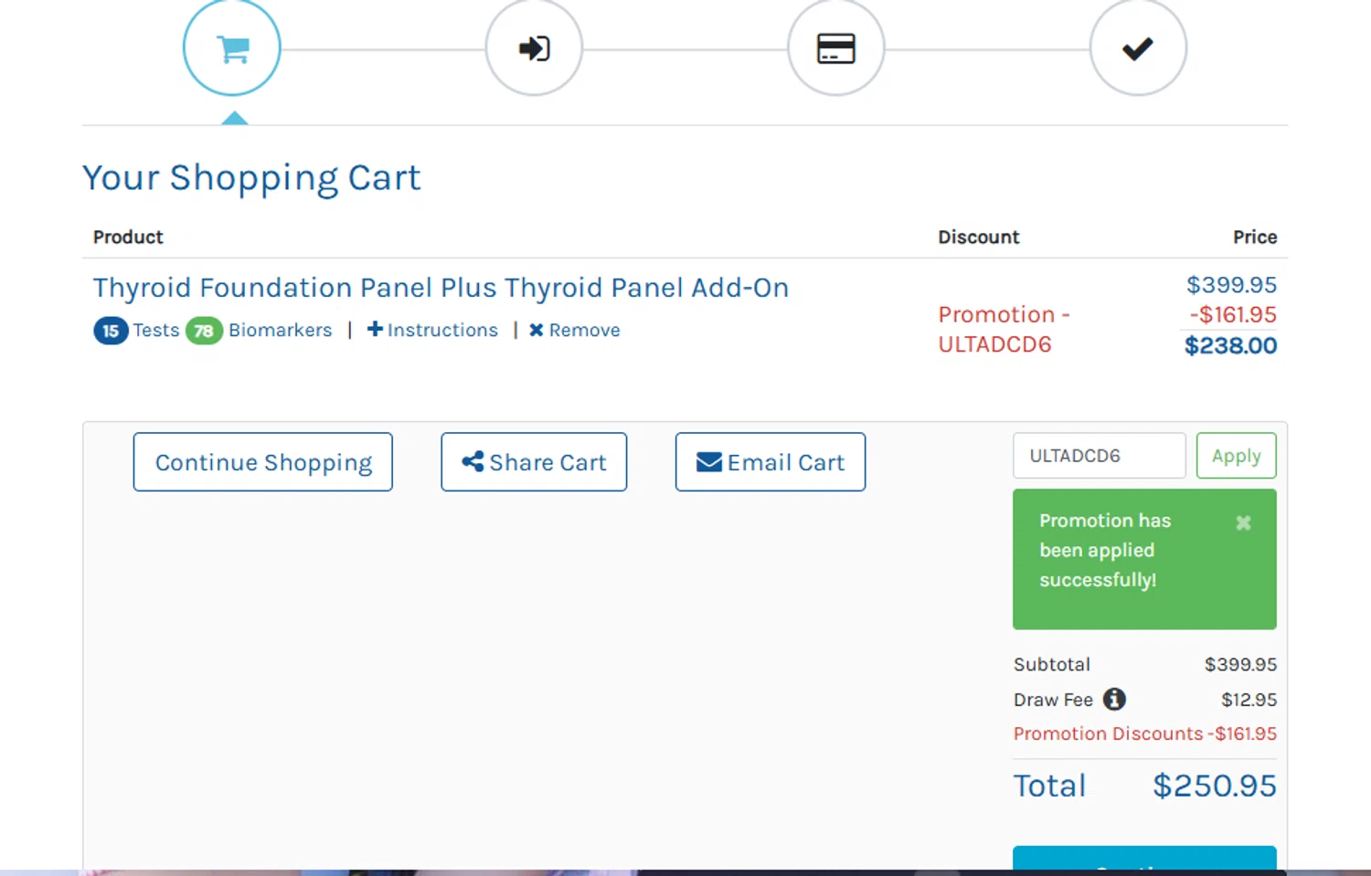 Ulta Lab Tests checkout page showing Ulta Lab Tests promo code box | Screenshot taken by SimplyCodes community member on Jan 4, 2026