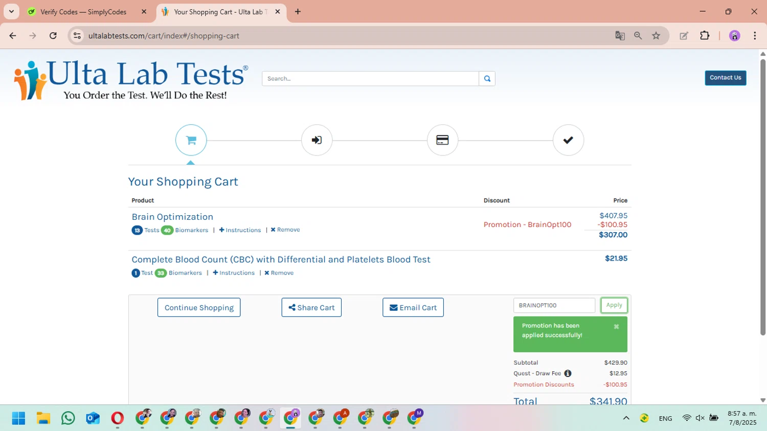 Ulta Lab Tests promo code screenshot showing code BRAINOPT100 applied at Ulta Lab Tests checkout page. Uploaded by SimplyCodes community member MariAPB on Aug 7, 2025