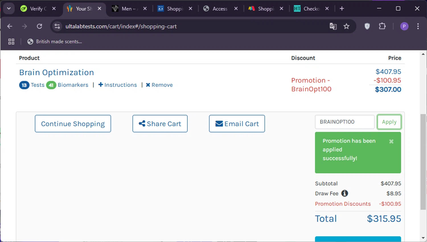 Ulta Lab Tests promo code screenshot showing code BRAINOPT100 applied at Ulta Lab Tests checkout page. Uploaded by SimplyCodes community member TreasureMaestro5377 on Feb 10, 2025