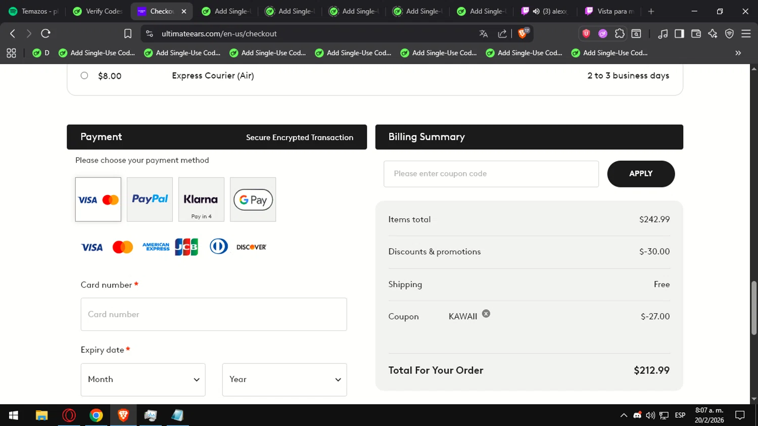 Ultimate Ears promo code screenshot showing code KAWAII applied at Ultimate Ears checkout page. Uploaded by SimplyCodes community member Ultrapapu on Feb 20, 2026