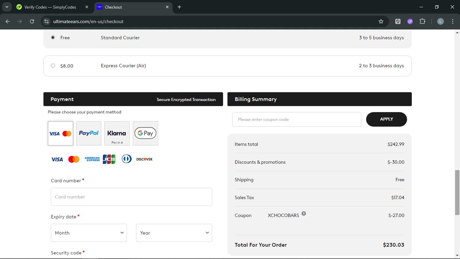 Ultimate Ears promo code screenshot showing code XCHOCOBARS applied at Ultimate Ears checkout page. Uploaded by SimplyCodes community member RoyalOwl5790 on Feb 20, 2026