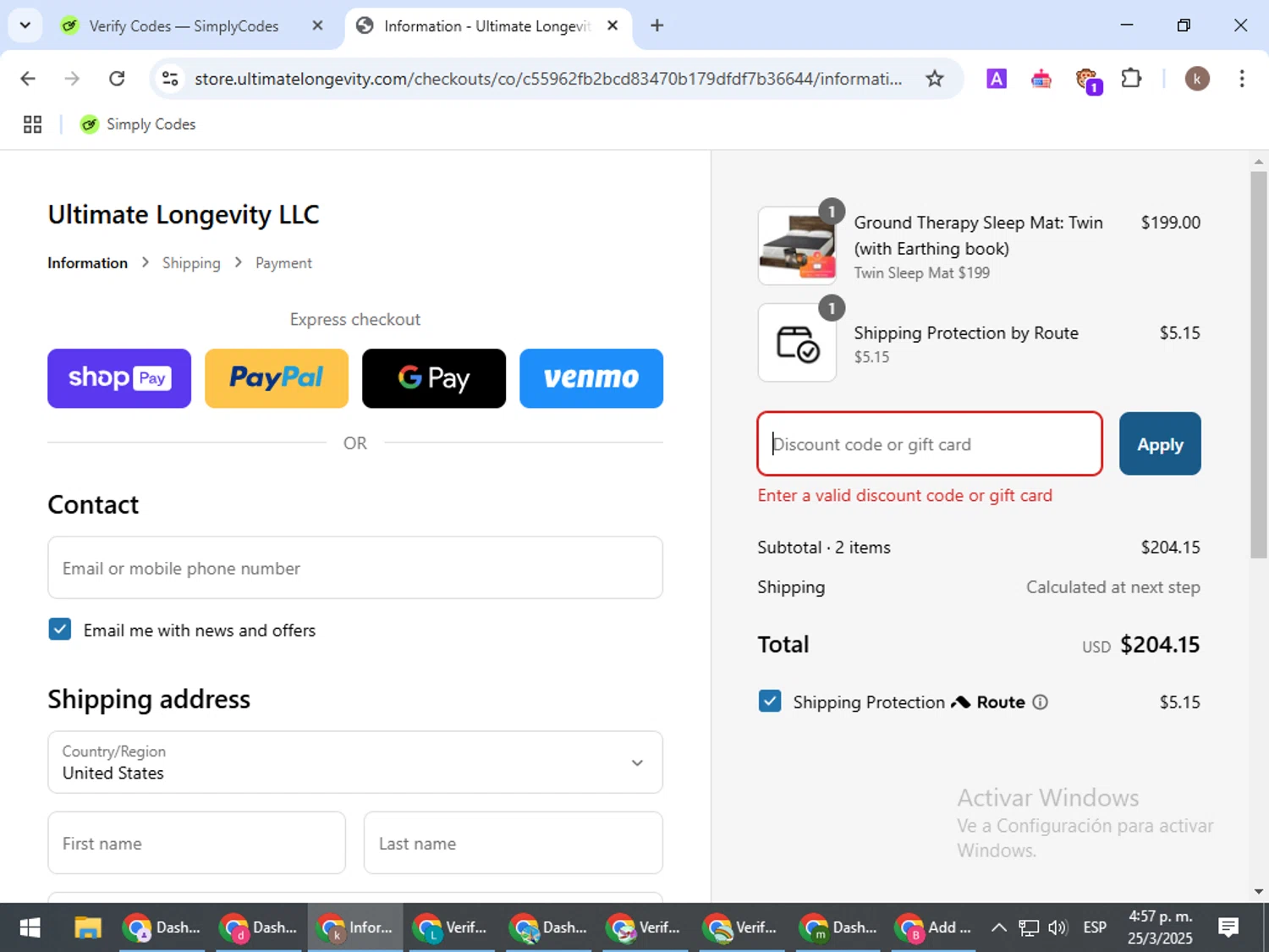 Ultimate Longevity discount code screenshot showing code EXTRA10 applied at Ultimate Longevity checkout page. Uploaded by SimplyCodes community member RewardRanger298 on Mar 25, 2025