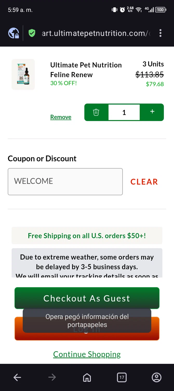 Ultimate Pet Nutrition promo code screenshot showing code WELCOME applied at Ultimate Pet Nutrition checkout page. Uploaded by SimplyCodes community member Bernado on Jan 31, 2026