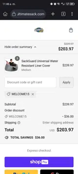 Welcome15 coupon verification screenshot