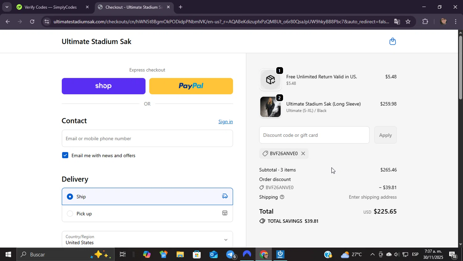 Ultimate Stadium Sak discount code screenshot showing code BVF26ANVE0 applied at Ultimate Stadium Sak checkout page. Uploaded by SimplyCodes community member ShieldEagle9436 on Nov 30, 2025