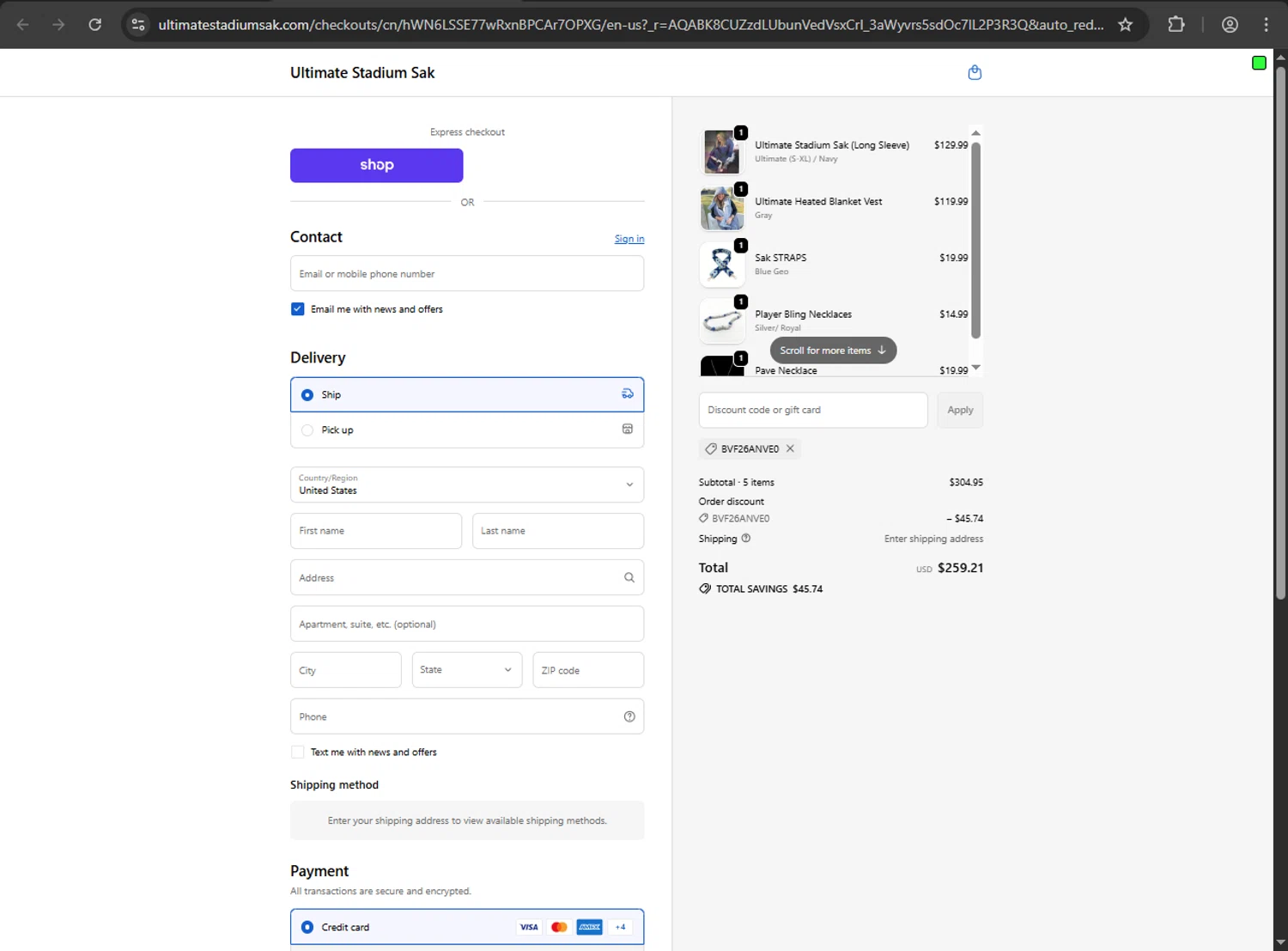 Ultimate Stadium Sak discount code screenshot showing code BVF26ANVE0 applied at Ultimate Stadium Sak checkout page. Uploaded by SimplyCodes community member megagei on Dec 12, 2025