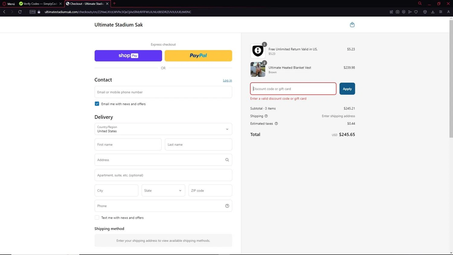 Ultimate Stadium Sak discount code screenshot showing code SIDELINE20 applied at Ultimate Stadium Sak checkout page. Uploaded by SimplyCodes community member LegendarySeeker3956 on Apr 18, 2025