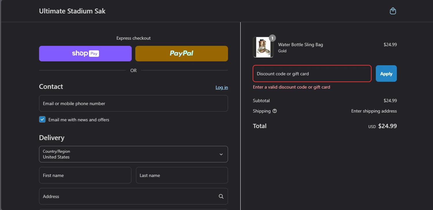 Ultimate Stadium Sak discount code screenshot showing code SIDELINE20 applied at Ultimate Stadium Sak checkout page. Uploaded by SimplyCodes community member DealFinder8915 on Apr 18, 2025