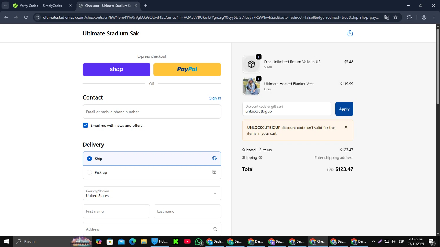 Ultimate Stadium Sak discount code screenshot showing code unlockcutbigup applied at Ultimate Stadium Sak checkout page. Uploaded by SimplyCodes community member MoneyPilot9165 on Nov 27, 2025