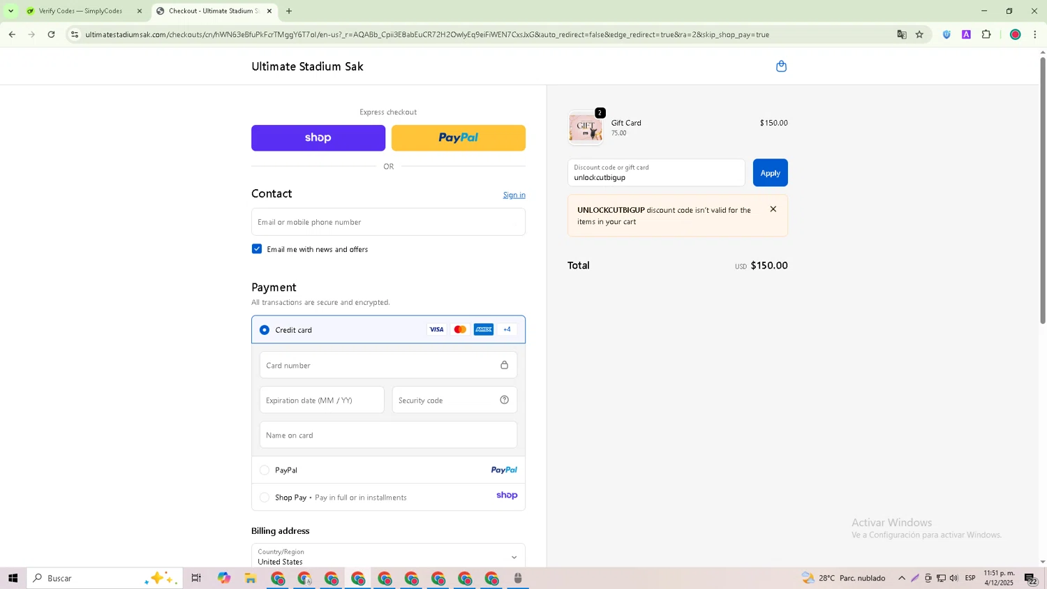 Ultimate Stadium Sak discount code screenshot showing code unlockcutbigup applied at Ultimate Stadium Sak checkout page. Uploaded by SimplyCodes community member William_Jones on Dec 4, 2025