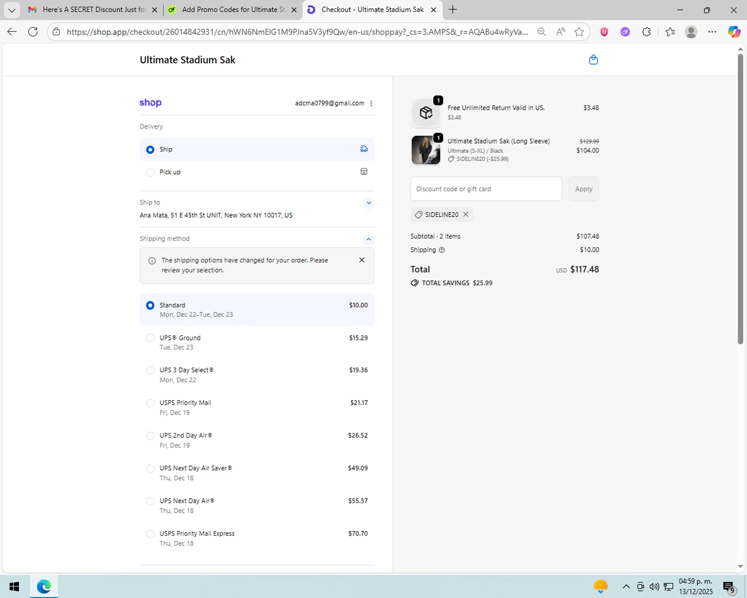 Ultimate Stadium Sak discount code screenshot showing code SIDELINE20 applied at Ultimate Stadium Sak checkout page. Uploaded by SimplyCodes community member peachee on Dec 13, 2025
