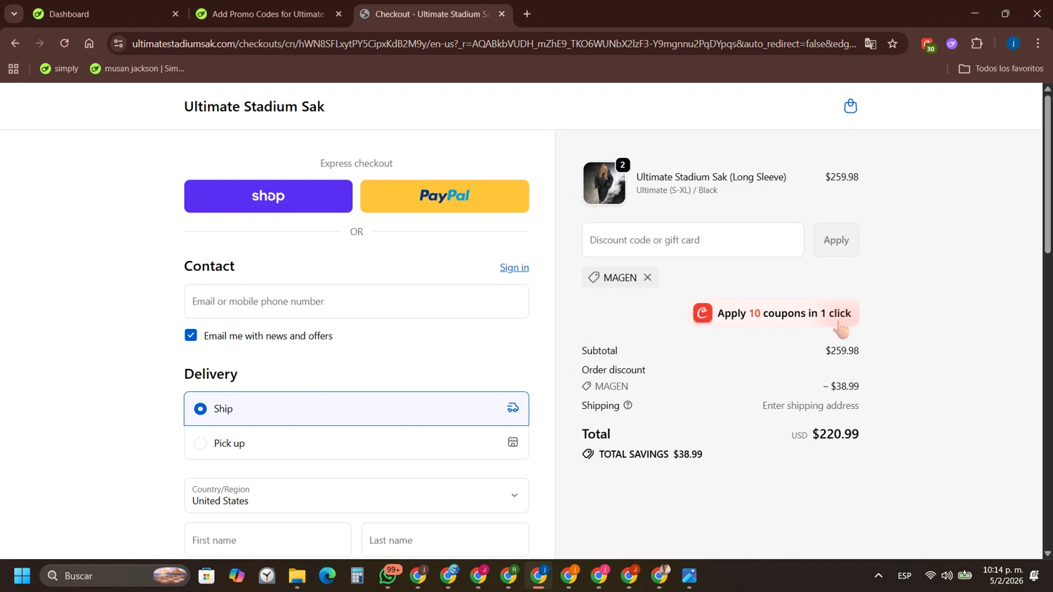 Ultimate Stadium Sak discount code screenshot showing code MAGEN applied at Ultimate Stadium Sak checkout page. Uploaded by SimplyCodes community member yameteqdasai on Feb 6, 2026
