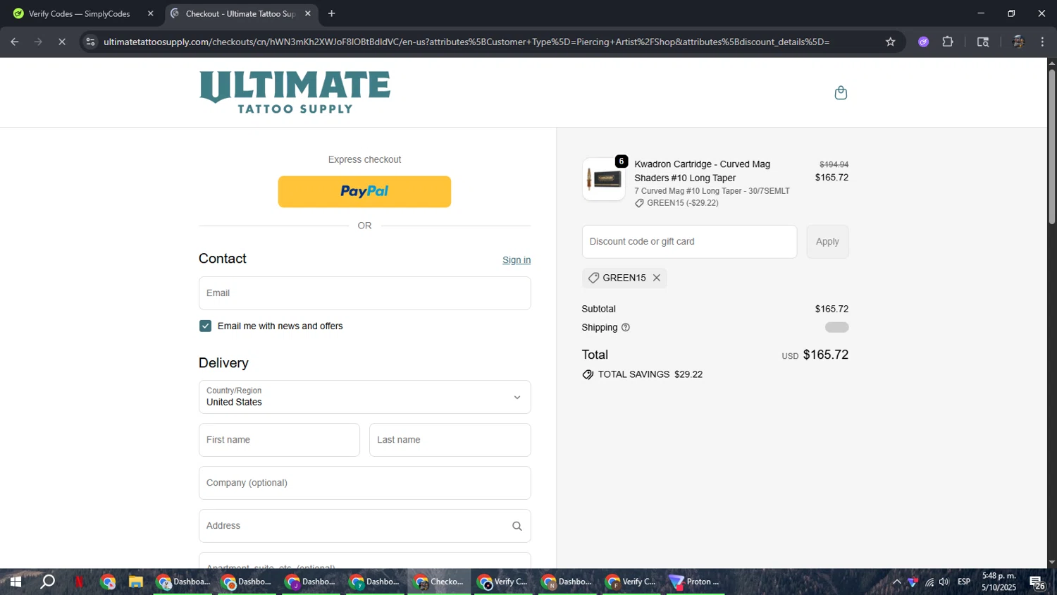 Ultimate Tattoo Supply discount code screenshot showing code GREEN15 applied at Ultimate Tattoo Supply checkout page. Uploaded by SimplyCodes community member xxdddd on Oct 5, 2025
