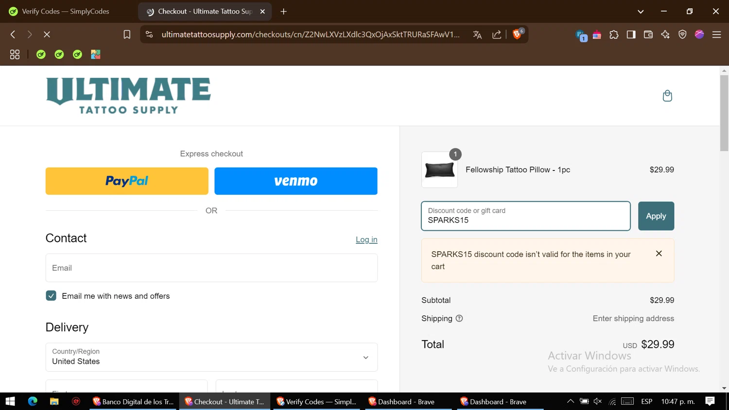 Ultimate Tattoo Supply discount code screenshot showing code SPARKS15 applied at Ultimate Tattoo Supply checkout page. Uploaded by SimplyCodes community member BonusHero4456 on Feb 11, 2025