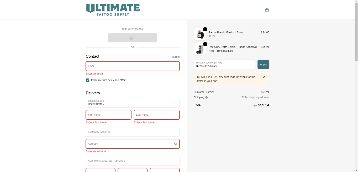 Ultimate Tattoo Supply discount code screenshot showing code NEWSUPPLIES20 applied at Ultimate Tattoo Supply checkout page. Uploaded by SimplyCodes community member CleverLynx8583 on Nov 18, 2025
