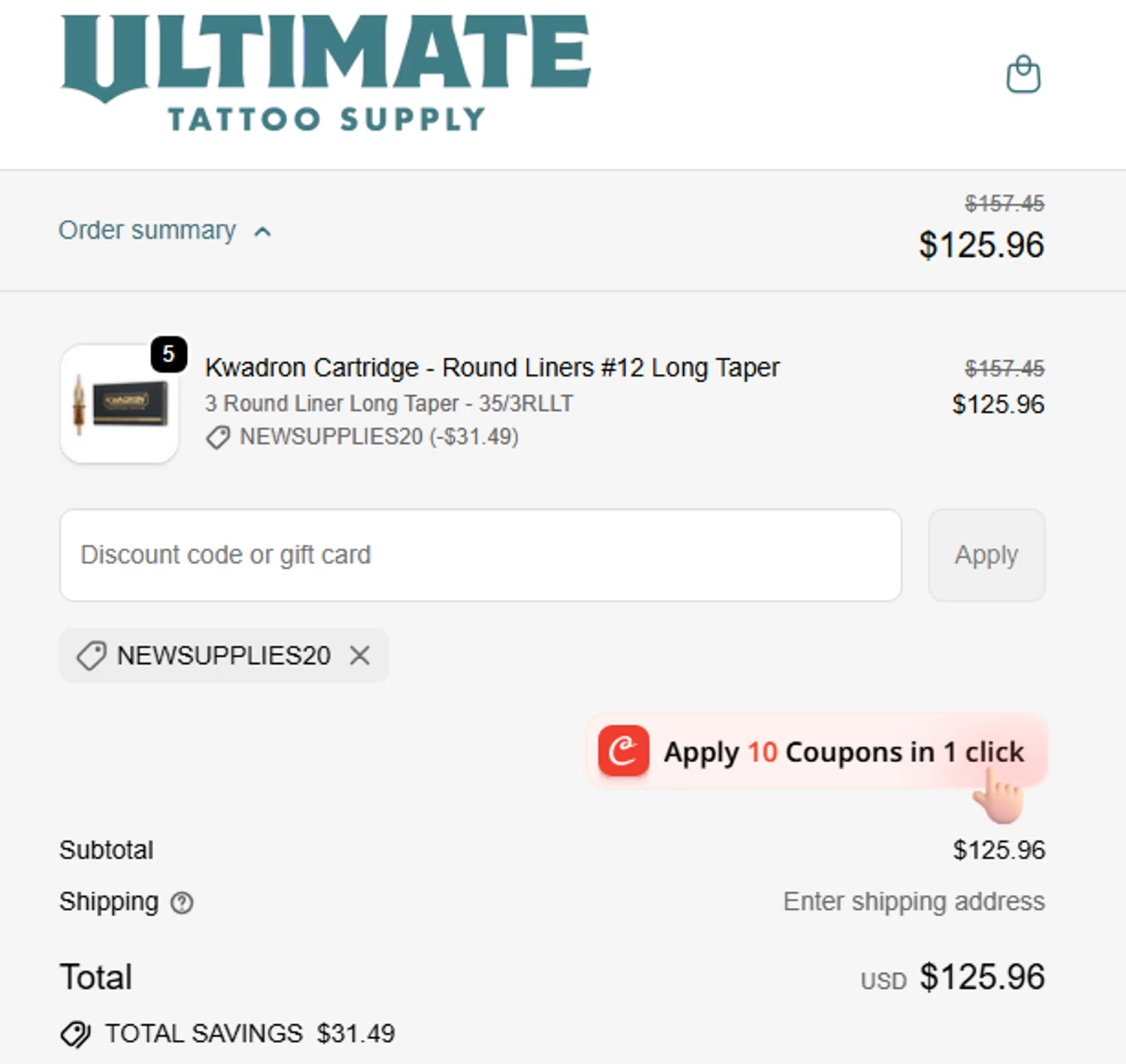 Ultimate Tattoo Supply discount code screenshot showing code NEWSUPPLIES20 applied at Ultimate Tattoo Supply checkout page. Uploaded by SimplyCodes community member dadgmnsaegwr234223367igh on Oct 12, 2025