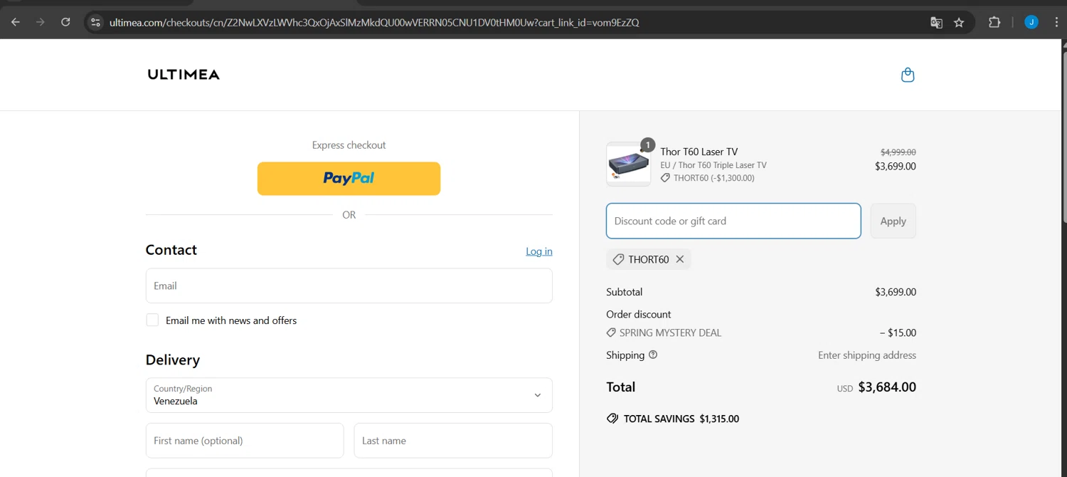 Ultimea promo code screenshot showing code Thort60 applied at Ultimea checkout page. Uploaded by SimplyCodes community member Jeanjc on Apr 17, 2025