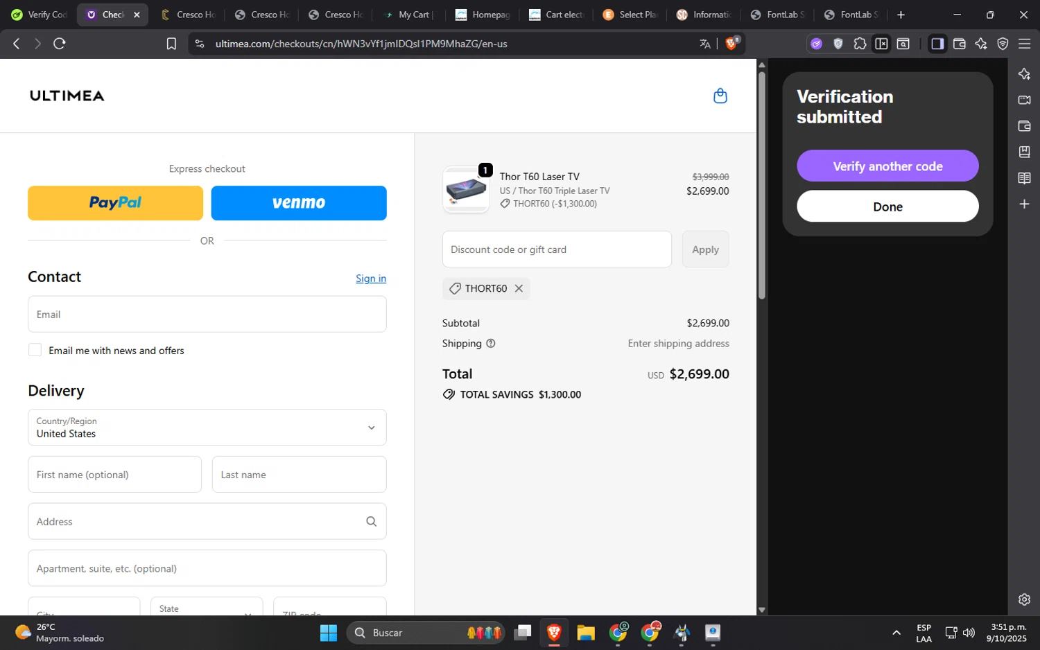 Ultimea promo code screenshot showing code Thort60 applied at Ultimea checkout page. Uploaded by SimplyCodes community member SucreX on Oct 9, 2025