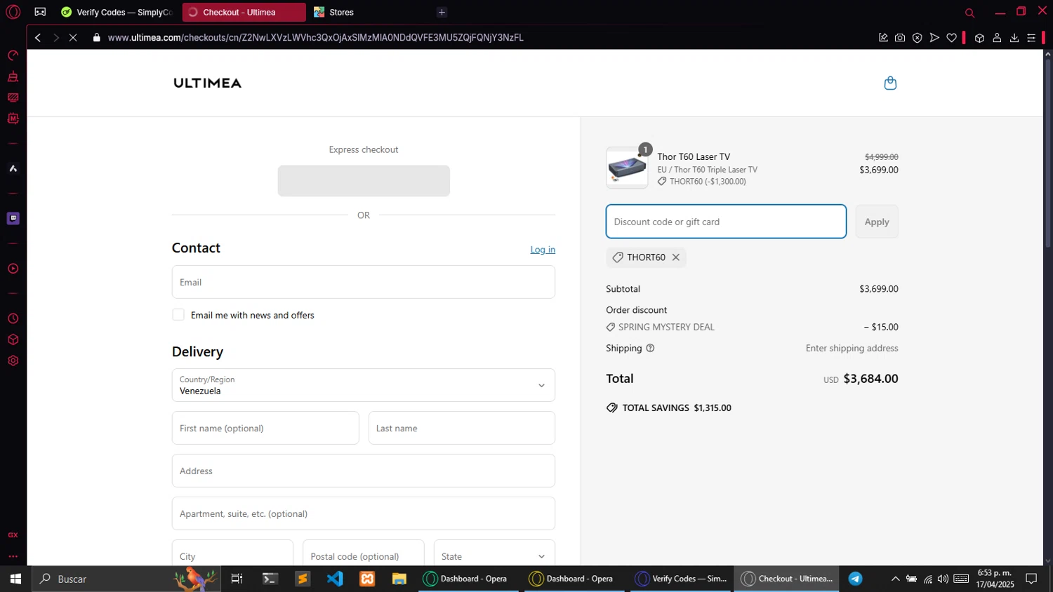 Ultimea promo code screenshot showing code Thort60 applied at Ultimea checkout page. Uploaded by SimplyCodes community member andaacagarpobre on Apr 17, 2025