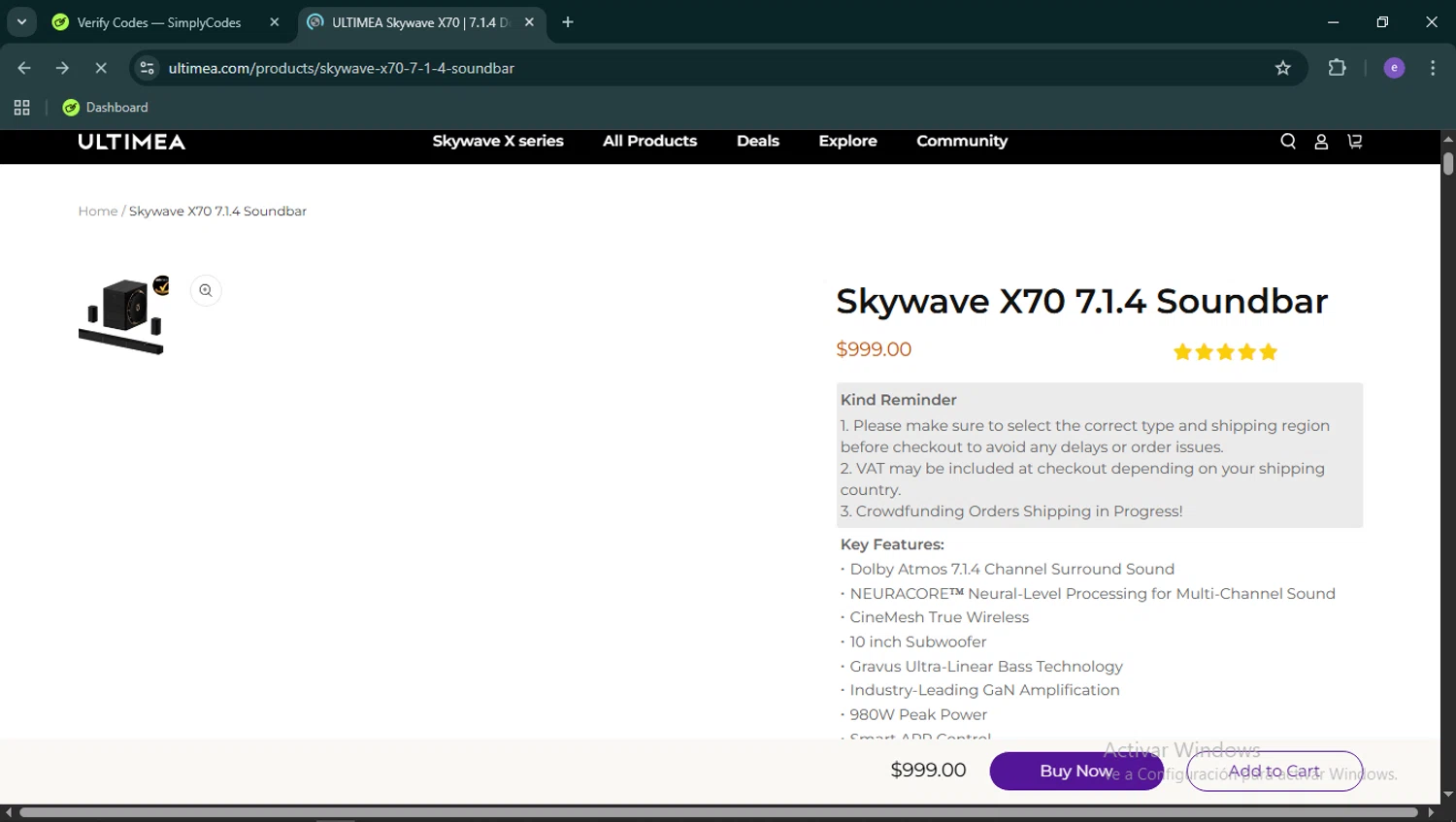 Ultimea promo code screenshot showing code BUNDLE60 applied at Ultimea checkout page. Uploaded by SimplyCodes community member Esteban14 on Feb 7, 2026