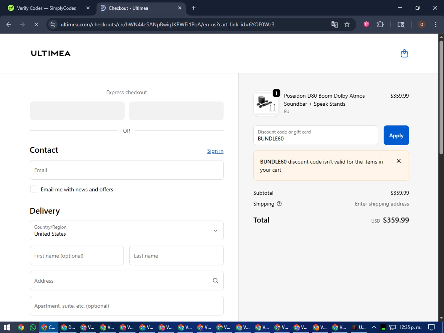Ultimea promo code screenshot showing code BUNDLE60 applied at Ultimea checkout page. Uploaded by SimplyCodes community member Legendar on Oct 13, 2025