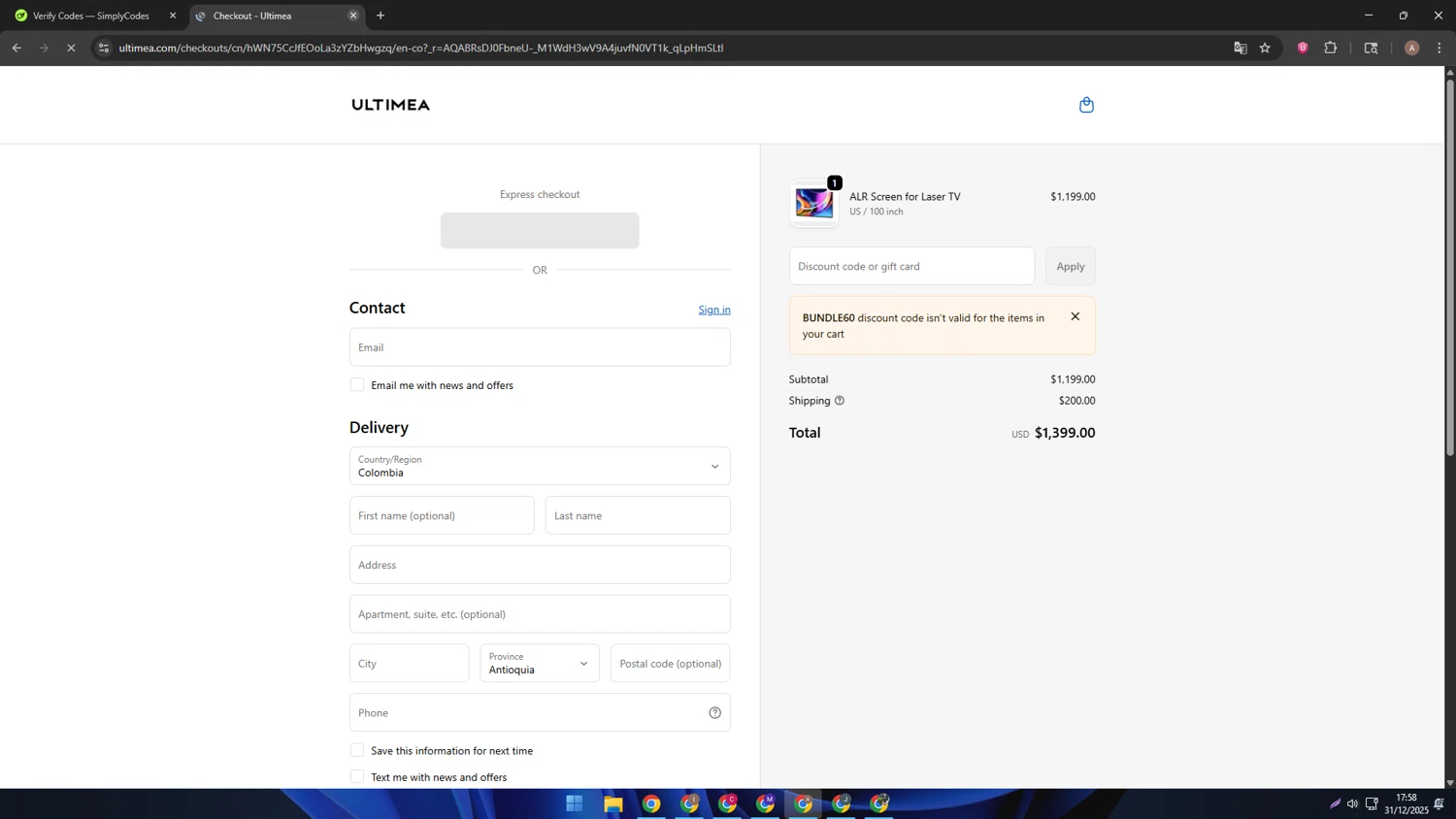 Ultimea promo code screenshot showing code BUNDLE60 applied at Ultimea checkout page. Uploaded by SimplyCodes community member SwiftSage2309 on Dec 31, 2025