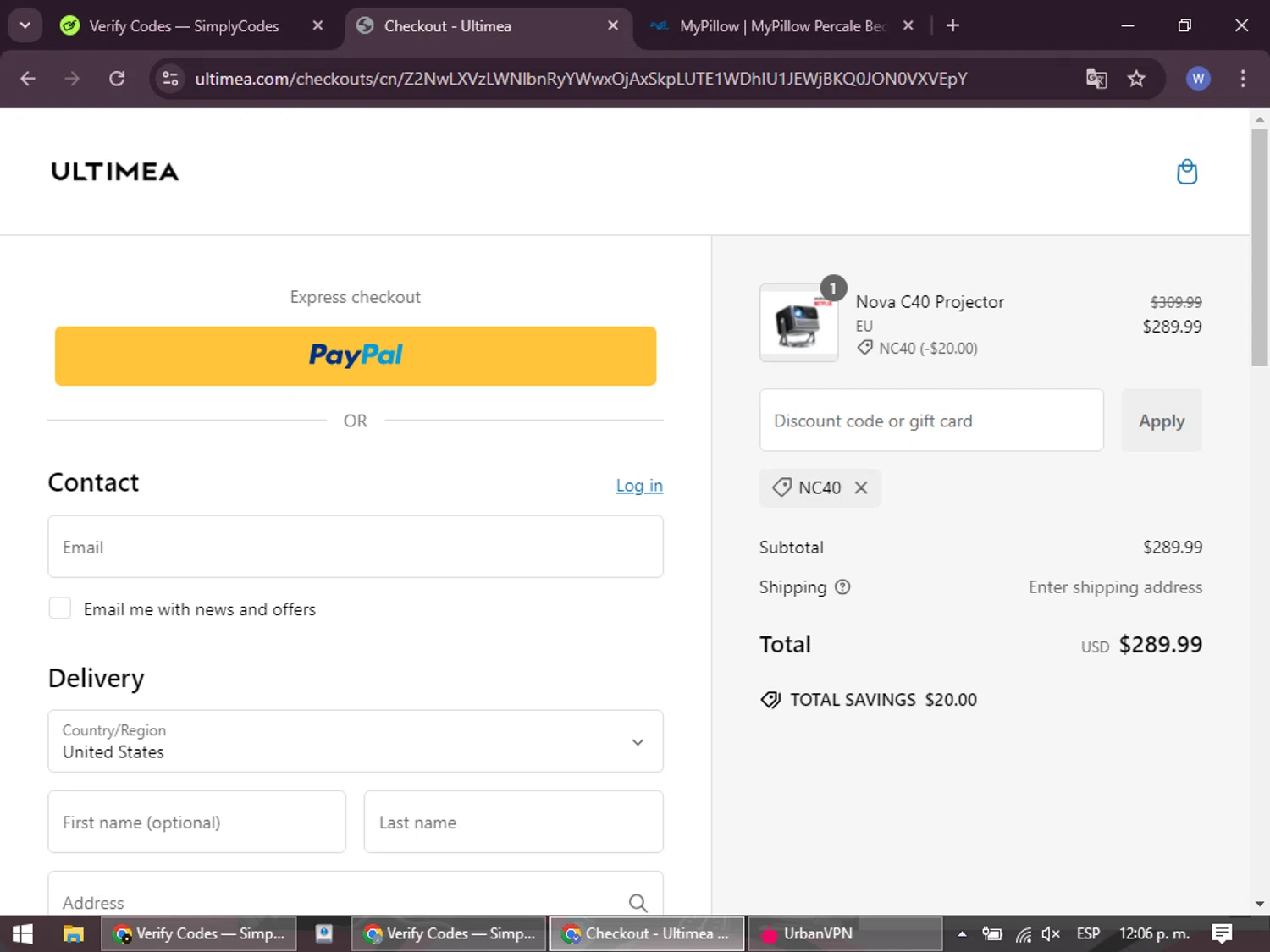 Ultimea promo code screenshot showing code NC40 applied at Ultimea checkout page. Uploaded by SimplyCodes community member VoucherElite7352 on Jan 27, 2025