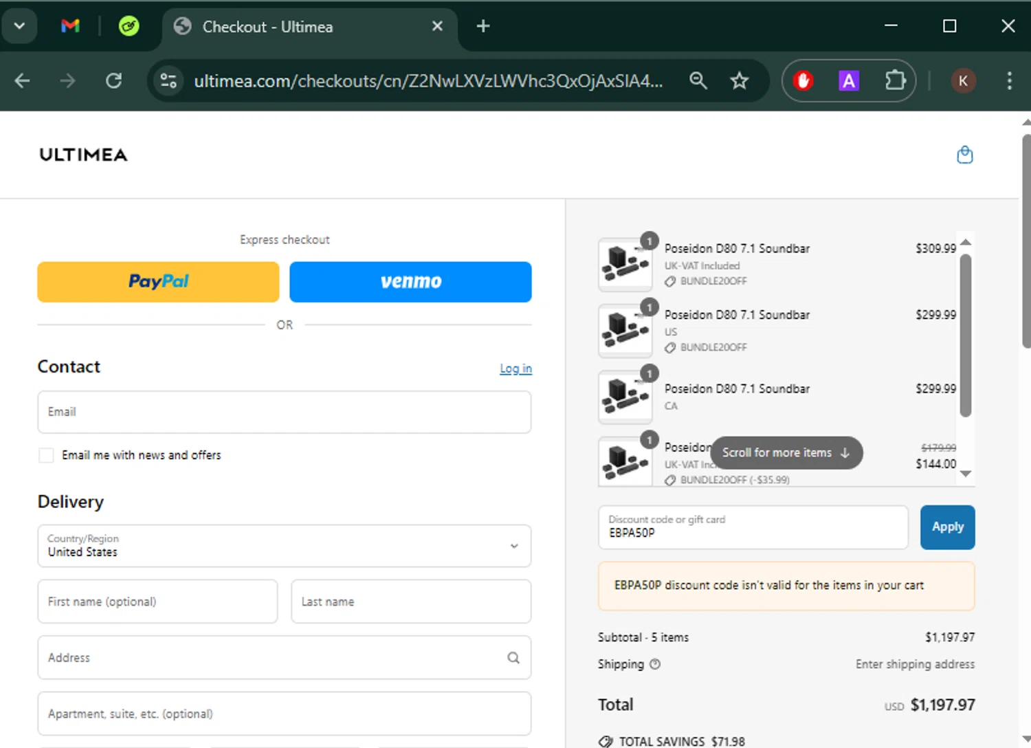 Ultimea promo code screenshot showing code EBPA50P applied at Ultimea checkout page. Uploaded by SimplyCodes community member Keilynkeyonshea on Apr 3, 2025