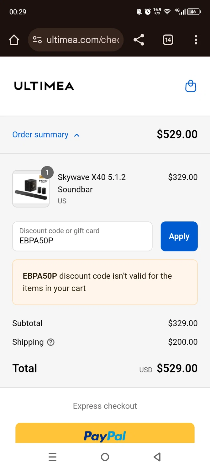 Ultimea promo code screenshot showing code EBPA50P applied at Ultimea checkout page. Uploaded by SimplyCodes community member Olivatle on Sep 11, 2025