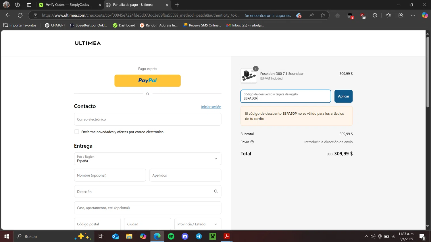 Ultimea promo code screenshot showing code EBPA50P applied at Ultimea checkout page. Uploaded by SimplyCodes community member Raibelys_18 on Apr 3, 2025