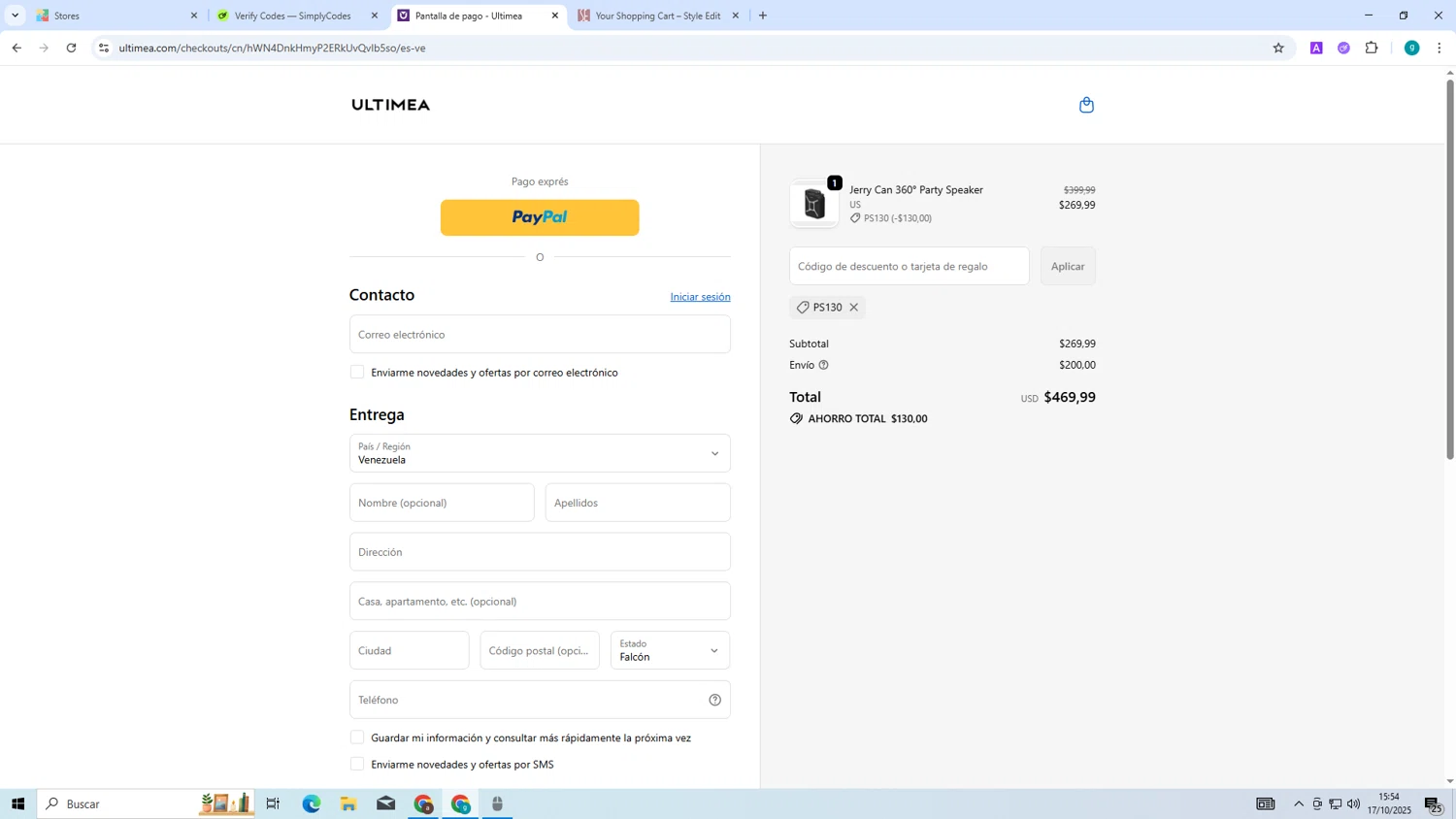 Ultimea promo code screenshot showing code PS130 applied at Ultimea checkout page. Uploaded by SimplyCodes community member ShieldExpert3365 on Oct 17, 2025