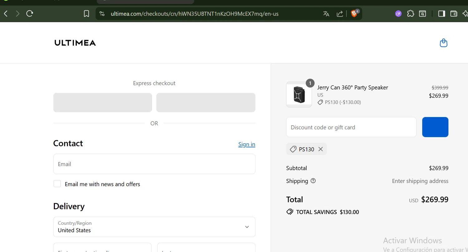 Ultimea promo code screenshot showing code PS130 applied at Ultimea checkout page. Uploaded by SimplyCodes community member SwiftLynx6587 on Sep 17, 2025