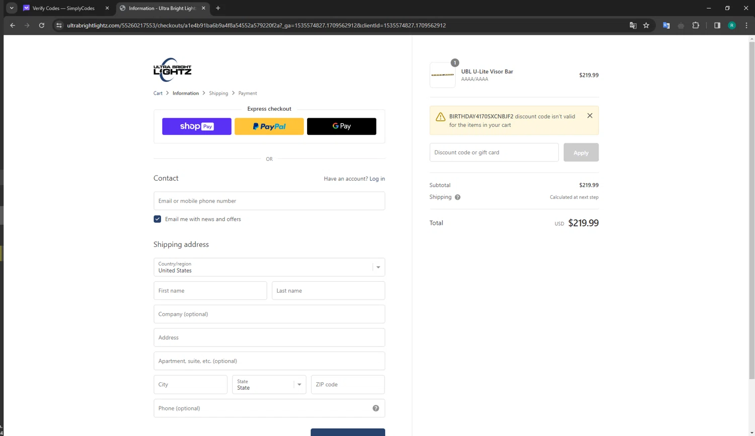 Ultra Bright Lightz checkout page showing Ultra Bright Lightz discount code box | Screenshot taken by SimplyCodes community member on Mar 4, 2024
