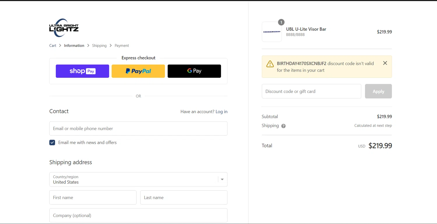 Ultra Bright Lightz checkout page showing Ultra Bright Lightz discount code box | Screenshot taken by SimplyCodes community member on Jul 12, 2024