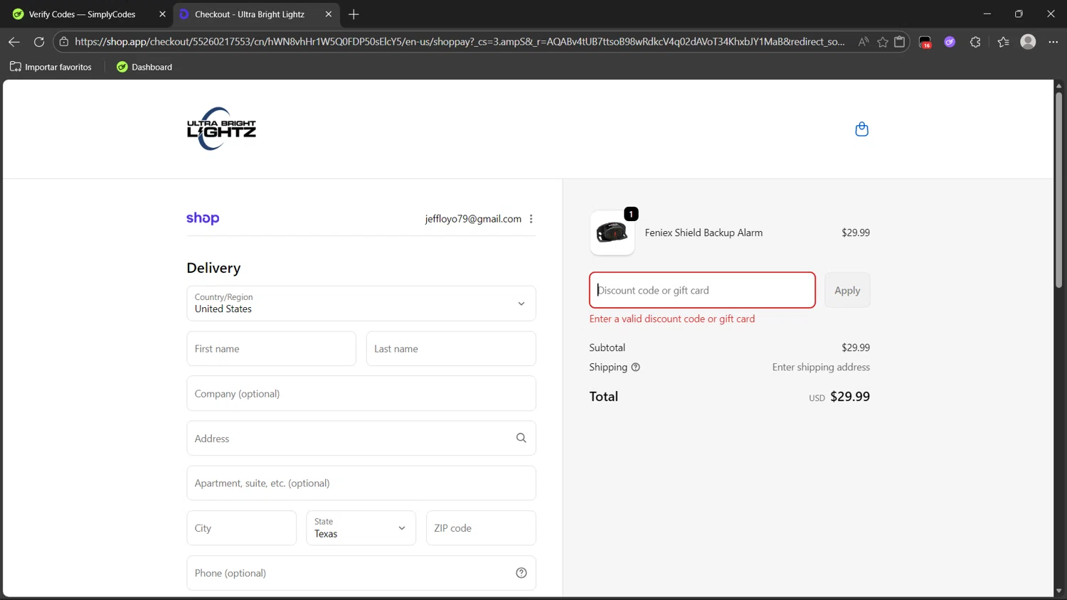 Ultra Bright Lightz discount code screenshot showing code PRESIDENTu0027SDAYSALE applied at Ultra Bright Lightz checkout page. Uploaded by SimplyCodes community member dragonjeffer_93a9 on Feb 18, 2026