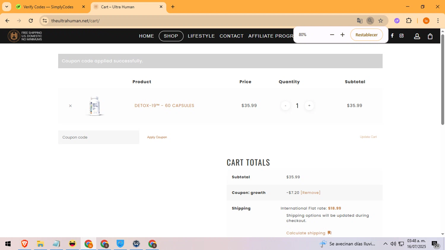 Ultra Human discount code screenshot showing code GROWTH applied at Ultra Human checkout page. Uploaded by SimplyCodes community member LegendaryFox4384 on Jul 16, 2025
