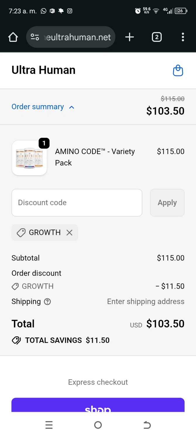 Ultra Human discount code screenshot showing code GROWTH applied at Ultra Human checkout page. Uploaded by SimplyCodes community member TokenAce5969 on Dec 24, 2025