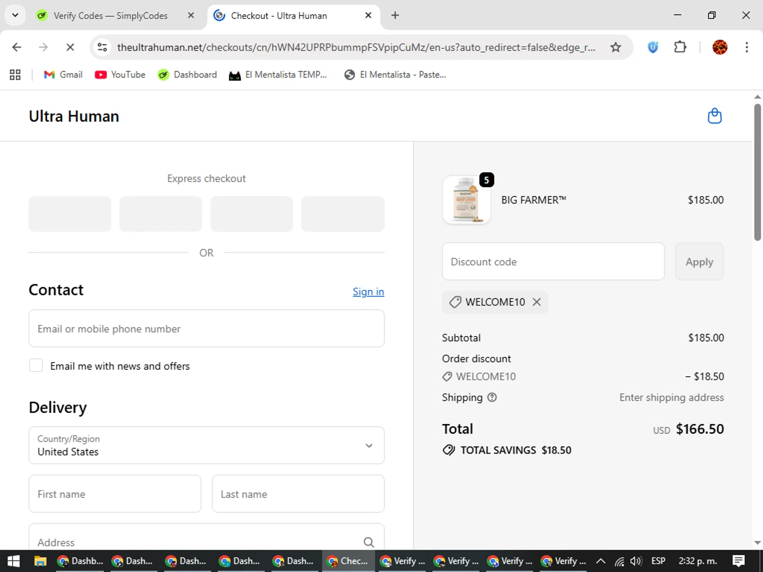 Ultra Human discount code screenshot showing code welcome10 applied at Ultra Human checkout page. Uploaded by SimplyCodes community member Rodolfo on Oct 12, 2025